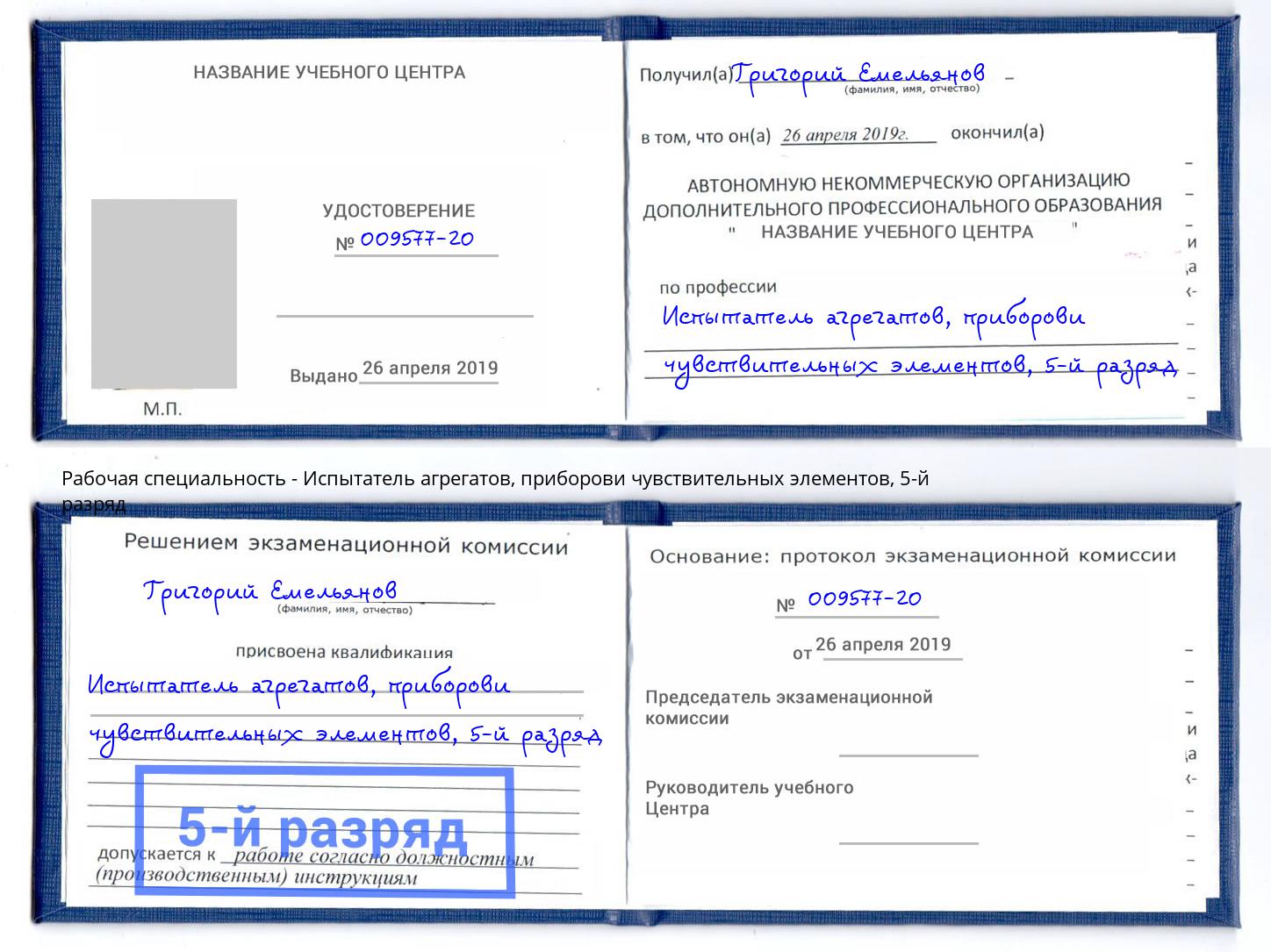 корочка 5-й разряд Испытатель агрегатов, приборови чувствительных элементов Ессентуки