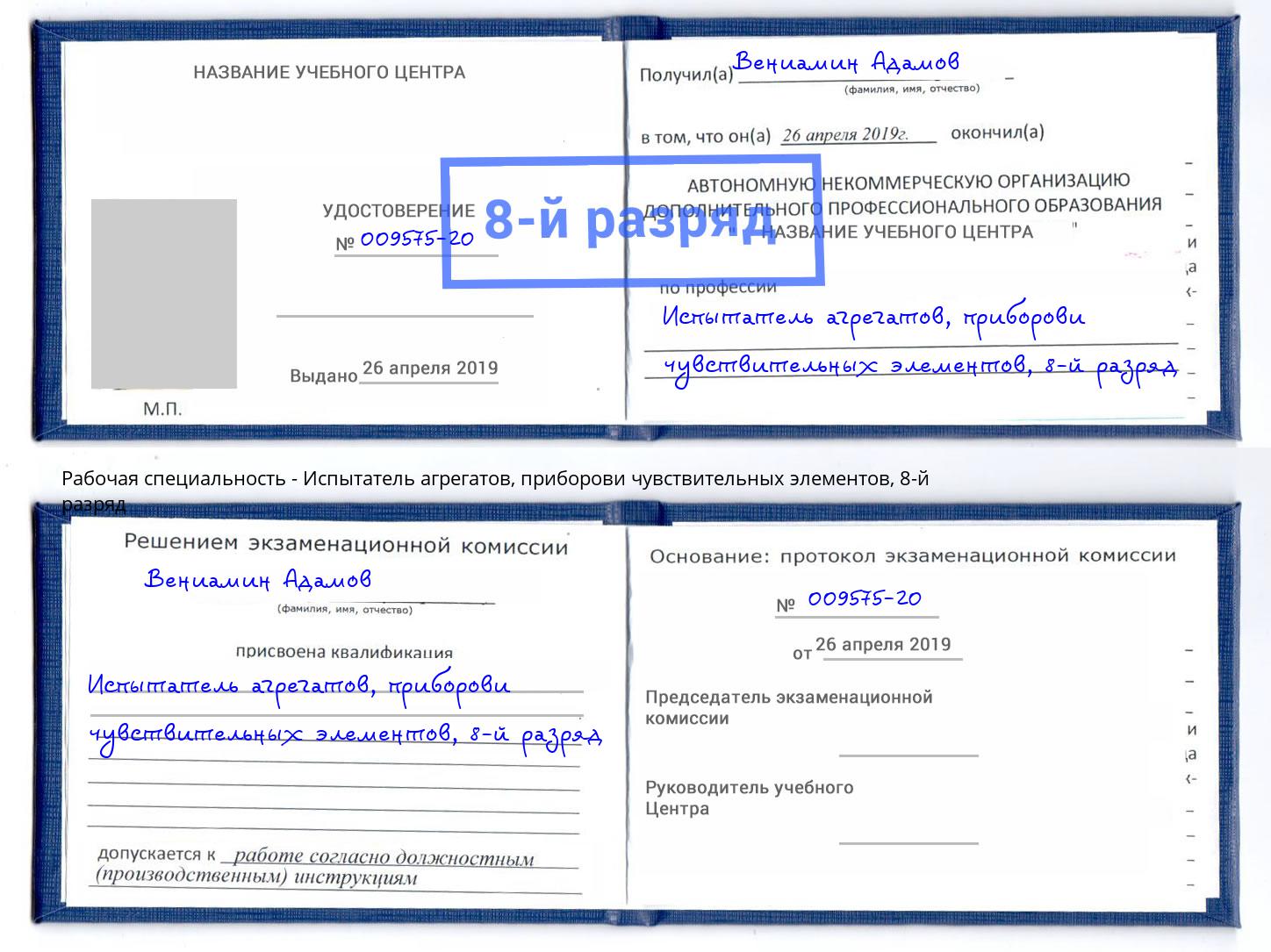 корочка 8-й разряд Испытатель агрегатов, приборови чувствительных элементов Ессентуки
